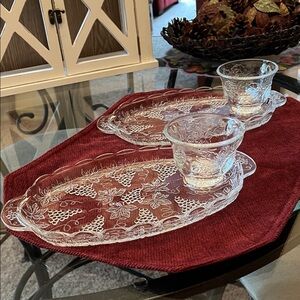 Elegant Clear Glass Serveware Set, 2 snack trays, 2 tea cups